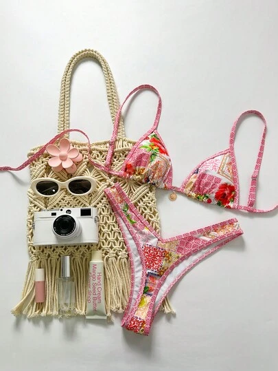 Elavelle 2pcs/Set Women's Random Print Spaghetti Strap Metal Decor High Cut Bikini Swimsuit Set, Spring/Summer Beach Vacation