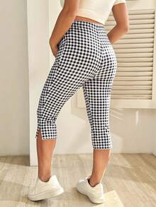 SHEIN Maternity Casual Plaid Adjustable Waist 7/8 Leggings - Black and White - View 2