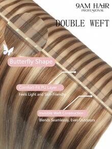 9AM HAIR 蝴蝶结发片，真人发，无胶 OVO PU 孔，手工编织，隐形 DIY 双层发片，直发，1 片装，16 英寸 - S6/18K - 查看 5