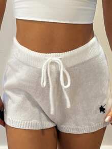 RebeccaVibe Women Casual Skinny Knit Pants, Versatile, Small Logo Embroidered - White - View 3