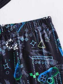 SHEIN 青少年男童贴身夜光游戏手柄图案T恤和短裤两件套睡衣，柔软舒适，夜视荧光图案 - 彩色 - 查看 6