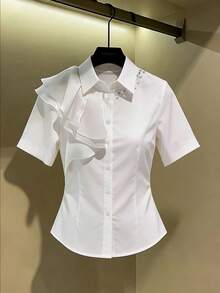GlowEve CURVE Kemeja Wanita Ukuran Besar Warna Polos yang Mengencangkan Pinggang, Musim Semi/Panas - Putih - View 1