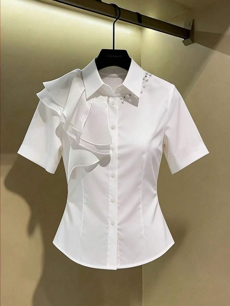 GlowEve CURVE Kemeja Wanita Ukuran Besar Warna Polos yang Mengencangkan Pinggang, Musim Semi/Panas - Putih - View 1