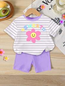 Bộ áo thun và quần short bó sát in họa tiết hoa và sọc phối màu cho bé gái, thích hợp cho mùa hè, đi học, ở nhà, hoạt động ngoài trời, trang phục mùa hè dễ thương cho bé gái, phong cách Hàn Quốc. - Nhiều màu - Xem 3