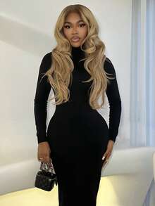 Mariisbox 立领长袖超长毛衣连衣裙，优雅春假可爱性感90年代风，适合夏季假日场合、毕业典礼、婚礼宾客、秋季、冬季日常办公休闲穿着，圣诞节、冬季感恩节时尚百搭。 - 黑色 - 查看 4