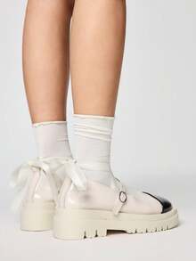 ROMWE Kawaii Scarpe da donna alla moda con fiocco decorativo e allacciatura - Giunzione nera + bianca - Visualizzare 5