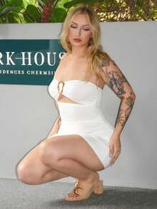 Arliah 女式性感修身露肩金属扣迷你连衣裙 - 白色 - 查看 5