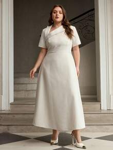 ZEYLAH Asymmetric Oblique Collar Short Sleeve Ruched Waist Dress - Apricot - View 4