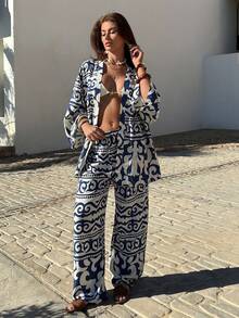 EURMUSE Blue & White Print Kimono Lounge Set – Open Front Top & Wide-Leg Pants, Chic Two Pieces Outfit - Blue and White - View 2