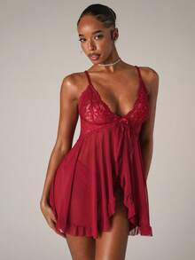 SHEIN BAE Contrast Lace Mesh Babydoll Sexy Lingerie Dress With Panty - Burgundy - View 5