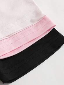 3pcs Girls' Bow Print Waist Short Sleeve T-Shirts, Grey, Pink And Black - Multicolor - View 3