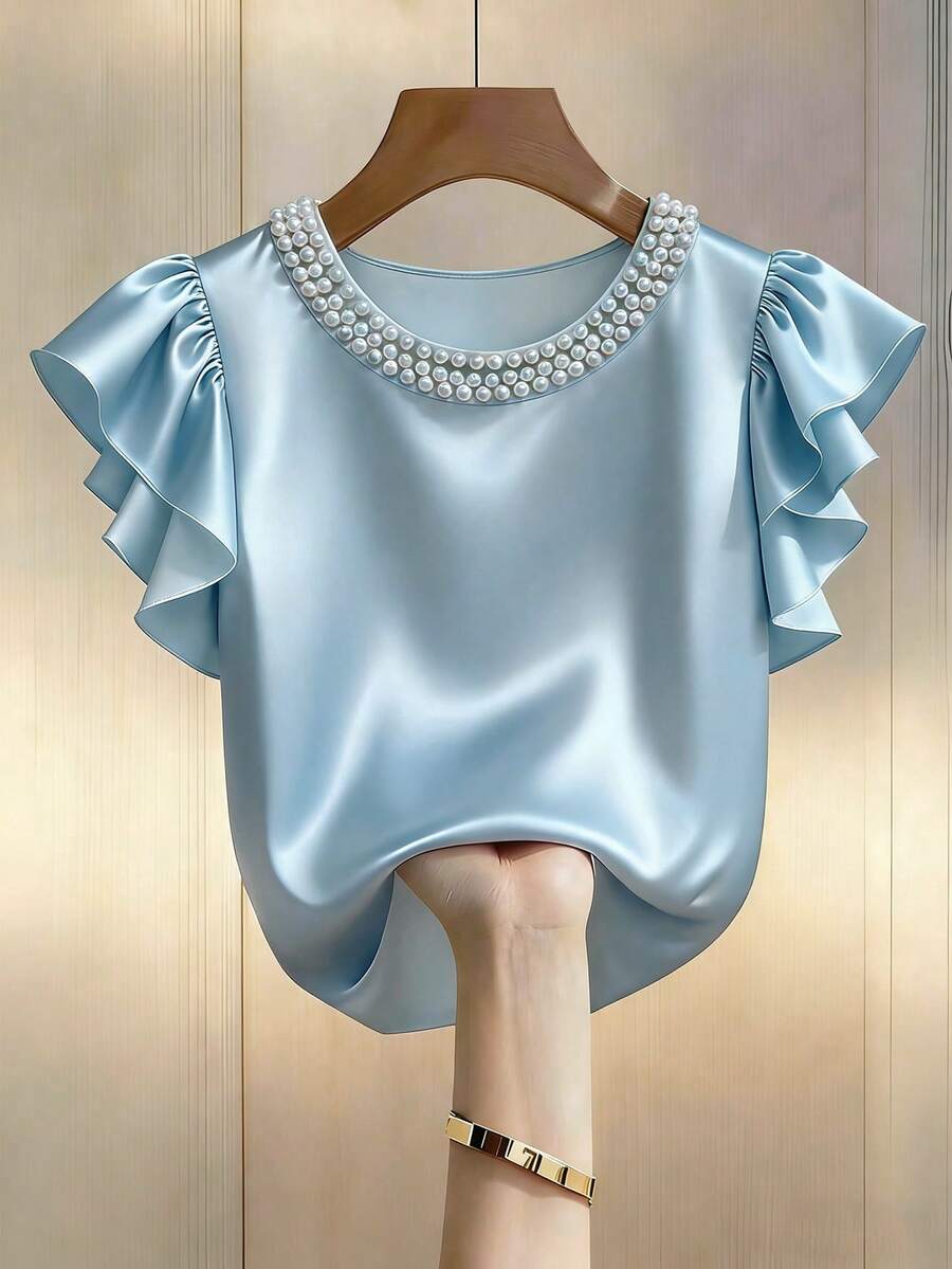 SHEIN Franclia 纯色缎面圆领短袖泡泡珠饰女式T恤 浅蓝色上衣 女式缎面夏季派对上衣 外出上衣 女士生日度假上衣 - 藍色 - 查看 1