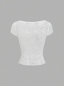 Sweetra Women's Sweet Lace T-Shirt, Ribbon Bow Decor, Square Neck Knit Top, Suitable For Daily, Dates, Gatherings - White - View 2