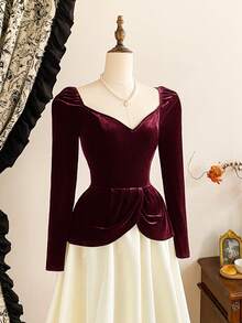 Vintamour Vintage Elegant Women's Velvet & Satin Patchwork Heart Neck Floral Midi Dress Party/Cocktail/Formal Gown Winter Clothes For Women Women's Winter Clothes Winter Outfit For Women Christmas Looks Christmas Outfit For Women Christmas Clothes New Year Clothes New Year Outfit New Year Women Women's Winter Dress Christmas Dresses For Women Christmas Party Dress New Year Dress Elegant Dresses For Party Dresses For Women Elegant Dress - Burgundy - View 2