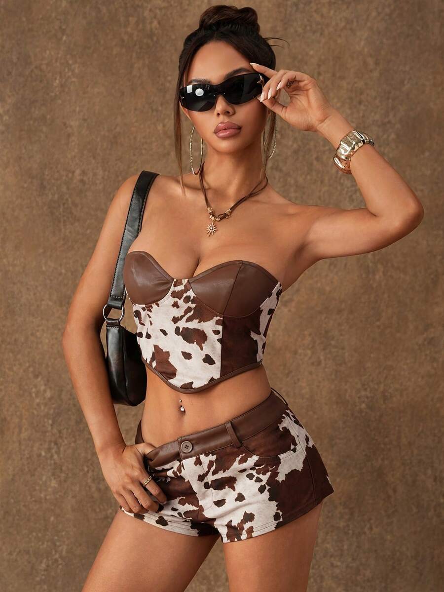 SHEIN ICON 女士极简印花抹胸上衣和短裤两件套 - 棕色 - 查看 1