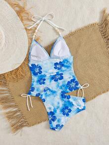 Swim Vcay Ladies Beach Music Festival Spring/Summer Flower Pattern Beaded Drawstring Ruched Neck Hanging Elegant Ladies Tankini Swimsuit Two Pieces Set - Multicolor - View 2