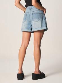MISSGUIDED Shorts vaqueros de tiro alto con lavado claro, dobladillo enrollado, bolsillos, estilo clásico de verano, casual, fin de semana y vacaciones en la playa para mujer - Azul - Ver 2
