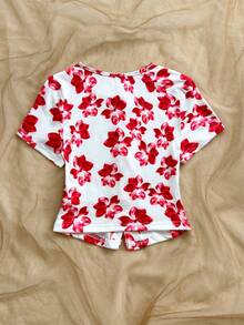 Soleia Women's Vacation Apricot & White Textured Knit Round Neck Cardigan With Delicate Bow & Metal Button, Fitted Hem Slit T-Shirt, Suitable For Holiday, Date, Afternoon Tea, Beach, Cruise, City Trip, Music Festival, Boho Vacation - Multicolor - View 2