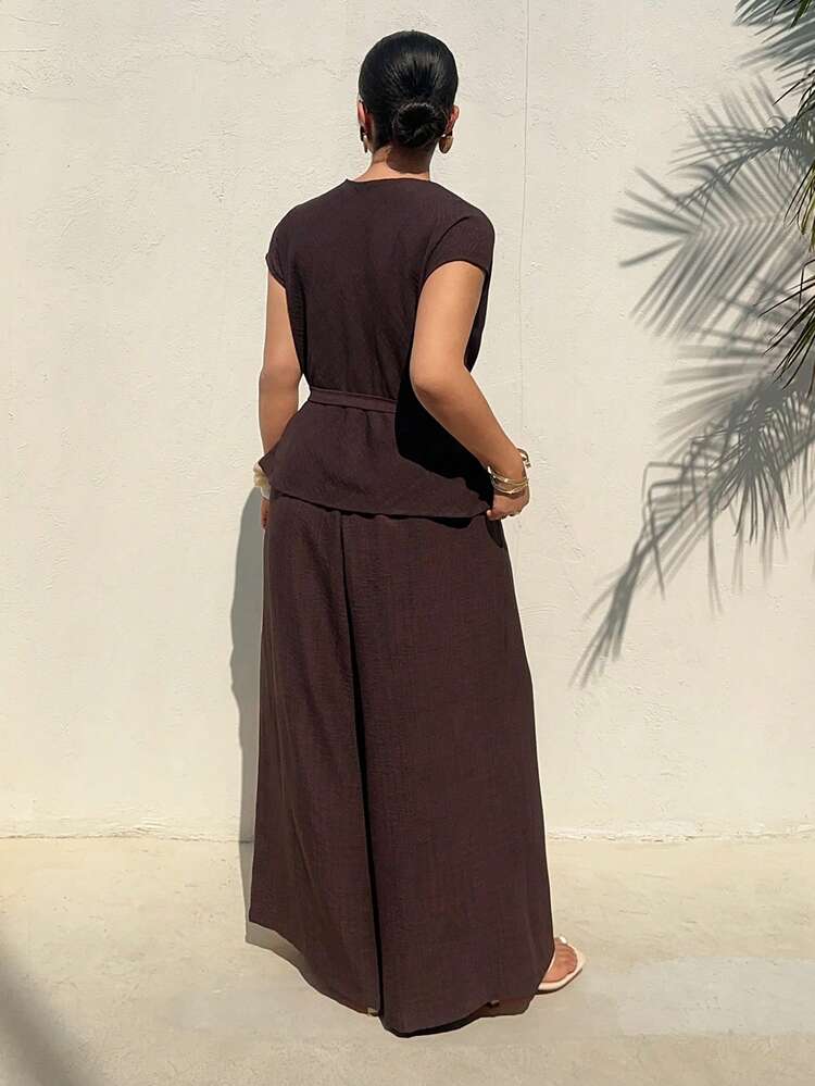 Dazy Plus Plus Size Women 2 Piece Set: Solid Color Casual Loose Tie Waist Short Sleeve Top And Elastic Waist Loose Long Pants, Spring/Summer Lounge Sets For Women