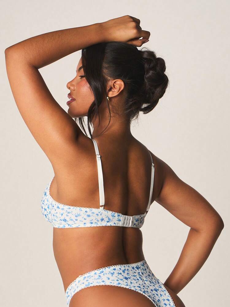 MISSGUIDED Blumen-Muster Spitzenbesatz BH und String Dessous Set mit Bügel-Unterstützung im Balkonette-Stil für besondere Anlässe