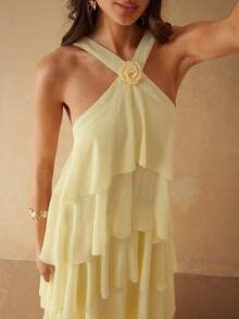 Silquee 女士纯色无袖荷叶边花卉装饰优雅长裙 - 淡黃色 - 查看 5