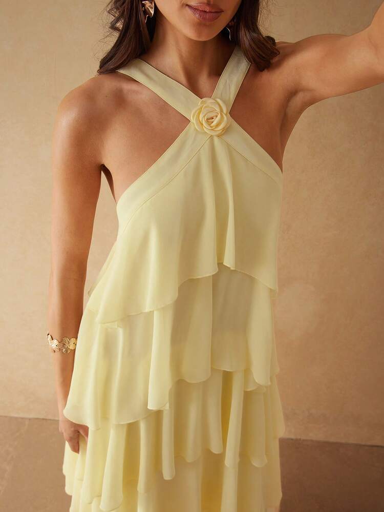 Silquee Vestido maxi elegante de mujer con volantes sin mangas y decoración floral de unicolor - Amarillo claro - Añade 4