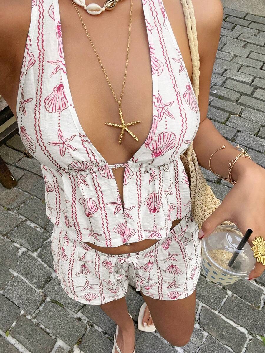Sunnyshic Bộ đồ 2 mảnh gồm áo crop top cổ chữ V khoét sâu và quần short cạp thấp họa tiết sao biển xanh và vỏ sò, thích hợp cho nữ mùa xuân/hè, đi nghỉ mát, dự tiệc, phong cách vintage tối giản, đa năng. - Hồng - Xem 1