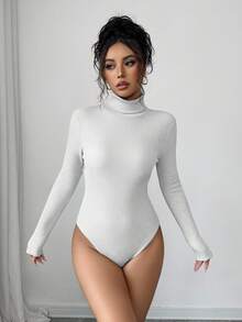 Elenzga Women's Turtleneck Patchwork Long Sleeve Bodysuit, Fitted, Contrast Color, Autumn/Winter - White - View 6
