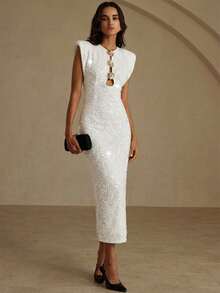 Revavyn Đầm dài sang trọng bằng nhung đính sequin, khóa kim loại rỗng ở eo và vai cách điệu dành cho nữ, thích hợp dự tiệc. - trắng - Xem 6