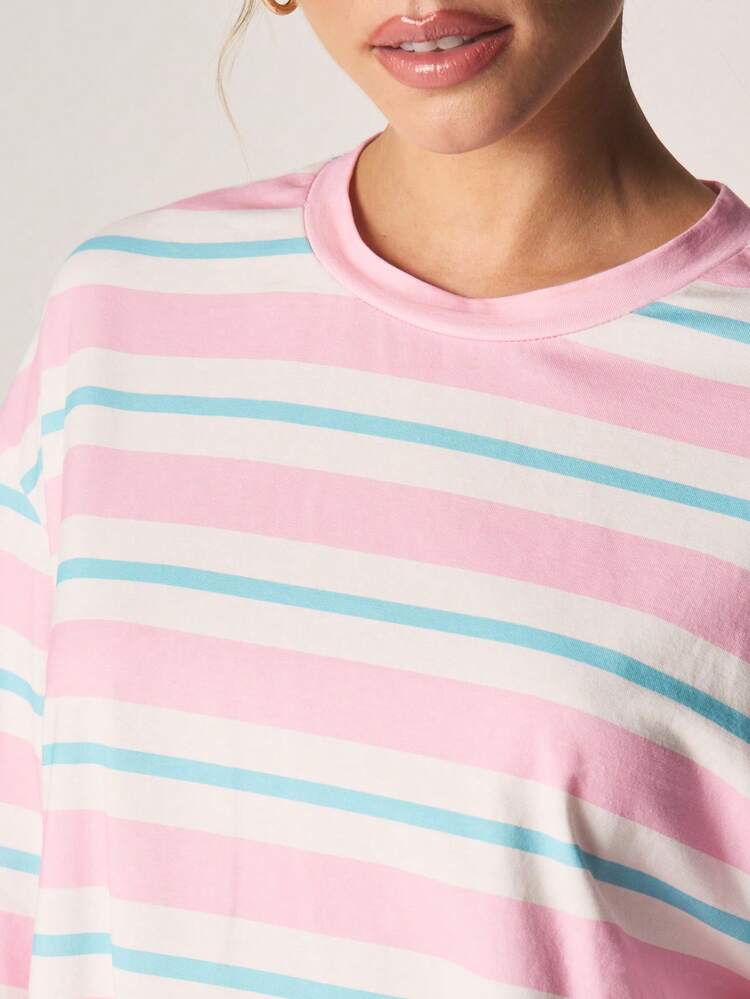 MISSGUIDED オーバーサイズ ロング丈 ボーダー ミニTシャツワンピース クルーネック カジュアル リラックスフィット コットン デイリー ルームウェア