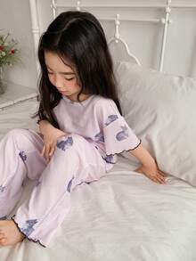 DAZY Young Girl Animal Print Short Sleeve Top And Wide Leg Pants Casual Loungewear Set - Baby Pink - View 1