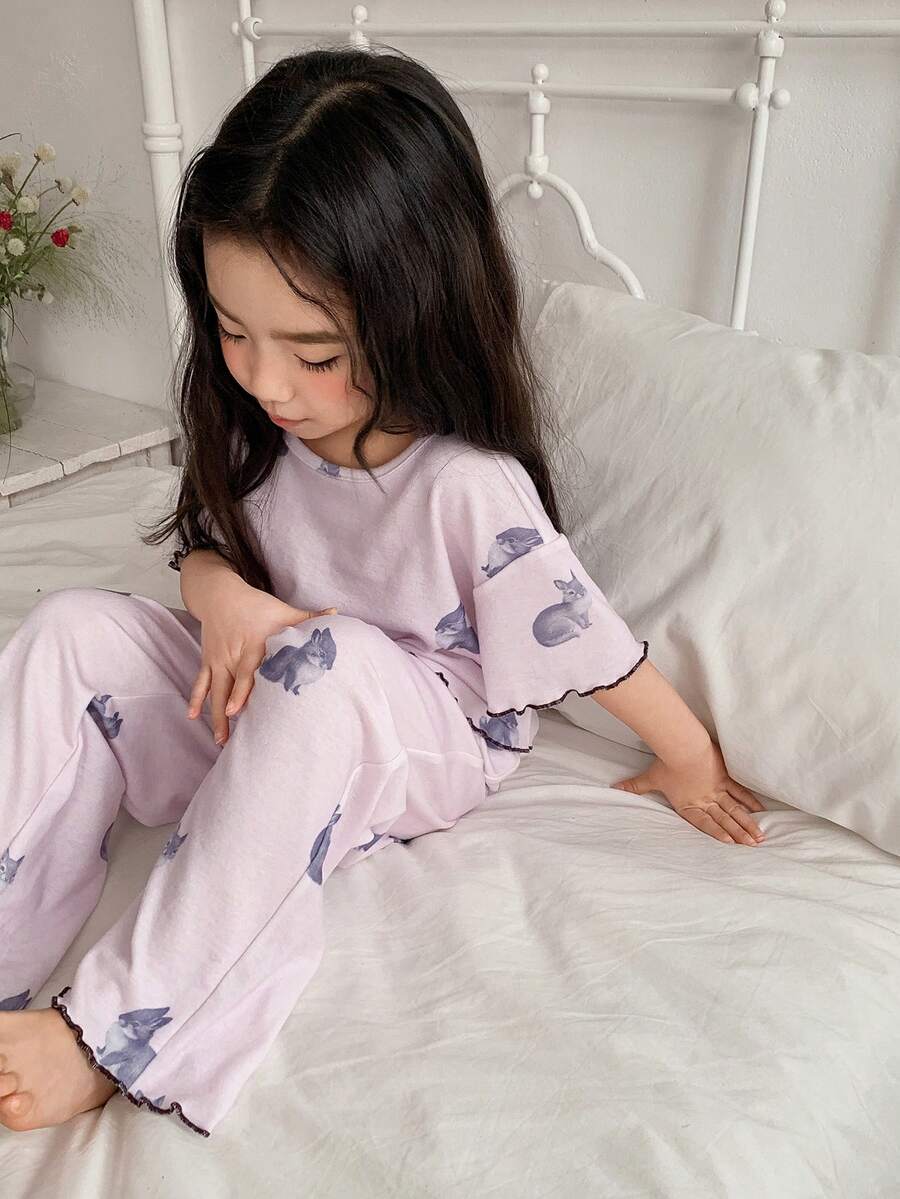 DAZY Young Girl Animal Print Short Sleeve Top And Wide Leg Pants Casual Loungewear Set - Baby Pink - View 1
