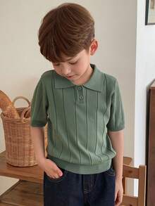 Hapijoa 男童纯色 Polo 领半开襟休闲百搭日常针织短袖上衣 - 軍綠色 - 查看 3