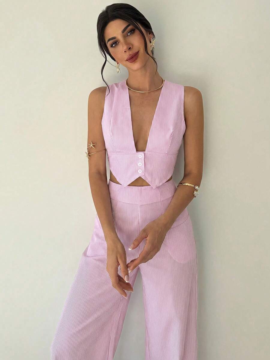 Firerie 两件套女士优雅休闲简约通勤办公日常度假V领无袖蓝白条纹背心和高腰阔腿直筒蓝白条纹裤，夏威夷度假套装，得体大方，女士沙滩装，机场装，度假装，教师装 - 粉色 - 查看 1