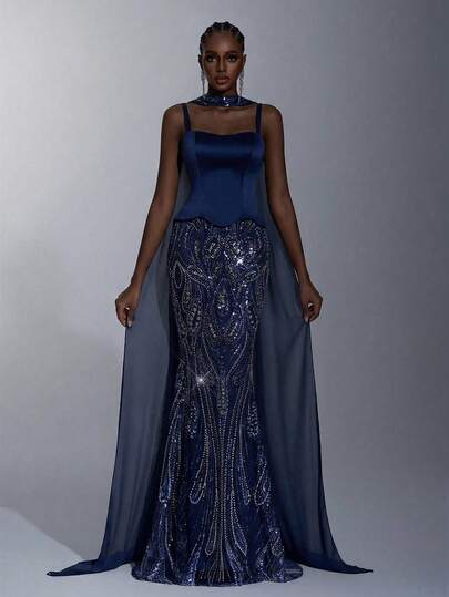 Elitara Elegante y lujoso vestido de cola de sirena con flores bordadas y lentejuelas, cuello halter de satén elástico, adecuado para bodas, fiestas, vacaciones, bailes de graduación, vestidos de noche