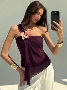 Aloruh Women's Vacation Style Ruched Bandeau Top, Romantic Purple Bohemian Fitted Pullover - Purple - View 6