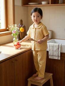 2pcs/Set Young Girl' Polka Dot Print Cute Peter Pan Collar Short Sleeve Cardigan And Casual Pants Homewear Set Yellow Pajama Set Kids Collar Neck Unisex Long Pajama Sets Cotton Summer Sleep Wear Sets Pajamas Set Two Piece - Yellow - View 1