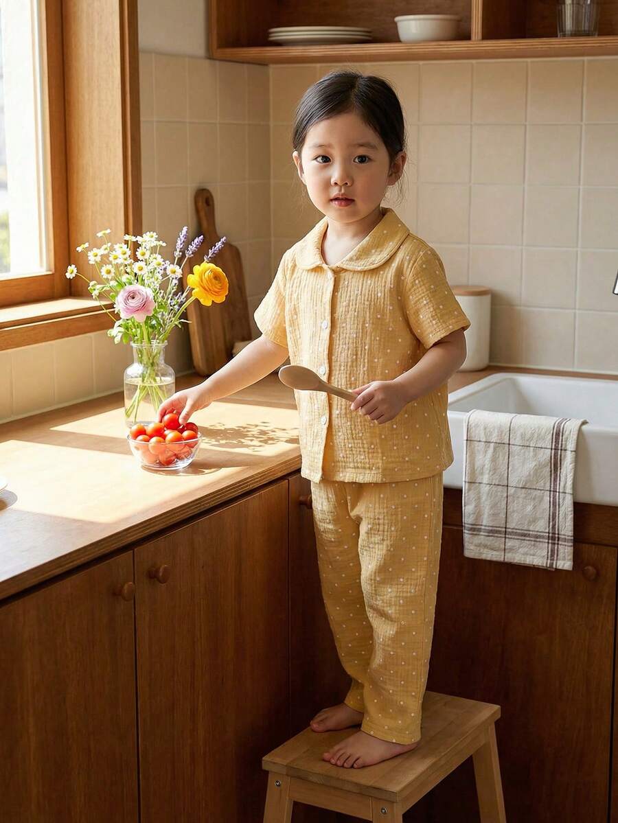 2pcs/Set Young Girl' Polka Dot Print Cute Peter Pan Collar Short Sleeve Cardigan And Casual Pants Homewear Set Yellow Pajama Set Kids Collar Neck Unisex Long Pajama Sets Cotton Summer Sleep Wear Sets Pajamas Set Two Piece - Yellow - View 1