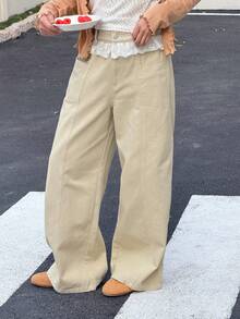 DAZY 少女口袋纽扣蕾丝拼接休闲百搭日常阔腿牛仔裤 - 卡其色 - 查看 6