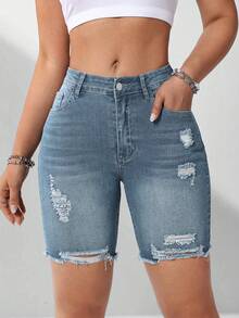 Flexra Women's Casual Versatile Everyday Denim Shorts With Pockets And Button Distressed Design - Light Wash - View 7