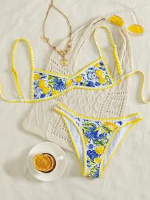 Swim Mod 女士沙滩春夏音乐节柠檬印花贝壳边性感度假风细肩带高衩比基尼套装 - 彩色 - 查看 3
