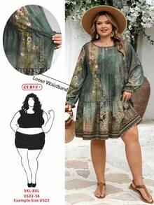 SHEIN CURVE+ Curve 加大码 US22 音乐节、海滨度假、波西米亚风 CURVE PLUS // 复古豹纹宽松圆领长袖连衣裙，适合秋冬季穿着 - 彩色 - 查看 1