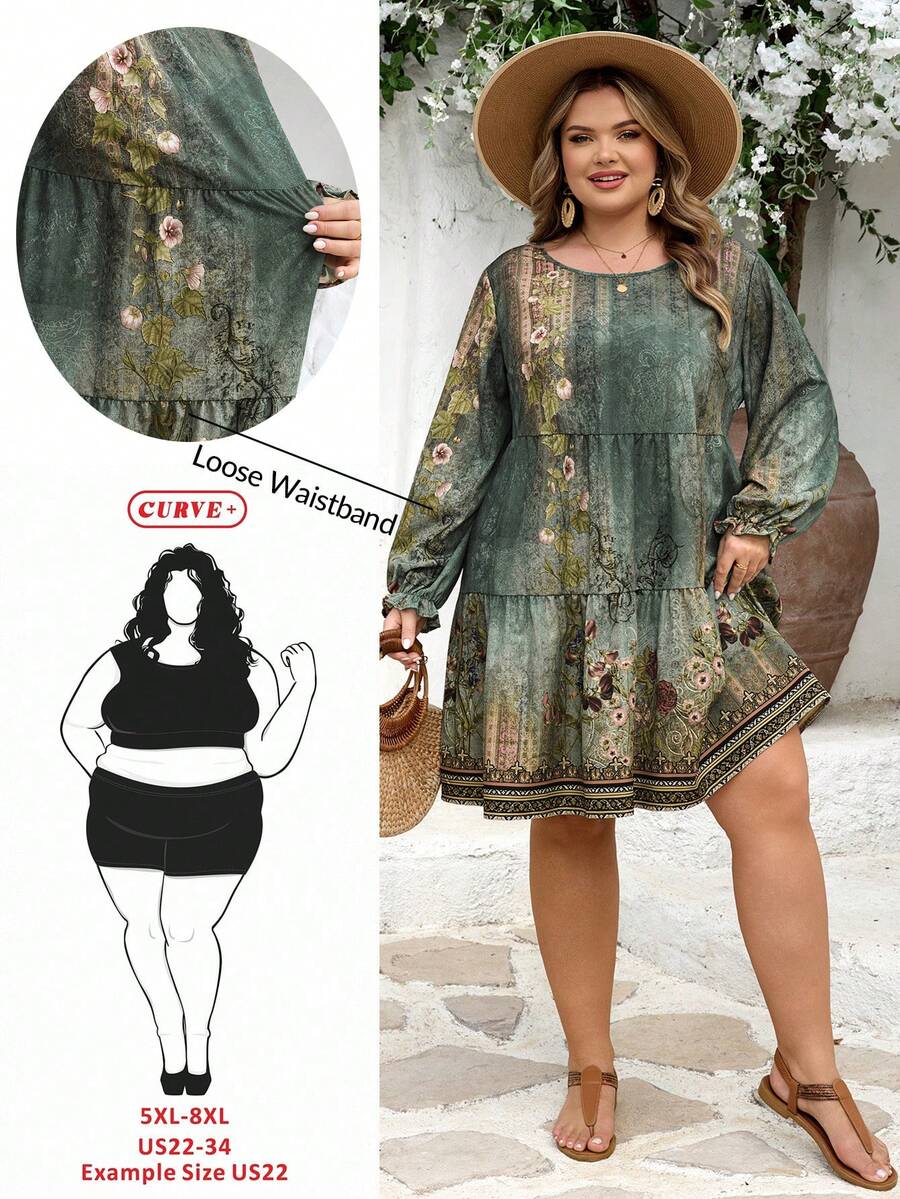 SHEIN CURVE+ Curve 加大码 US22 音乐节、海滨度假、波西米亚风 CURVE PLUS // 复古豹纹宽松圆领长袖连衣裙，适合秋冬季穿着 - 彩色 - 查看 1