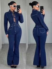 Jeanoix Bộ jumpsuit denim dài tay buộc dây tối giản màu trơn dành cho nữ, thích hợp mặc hàng ngày. - Rửa tối - Xem 1