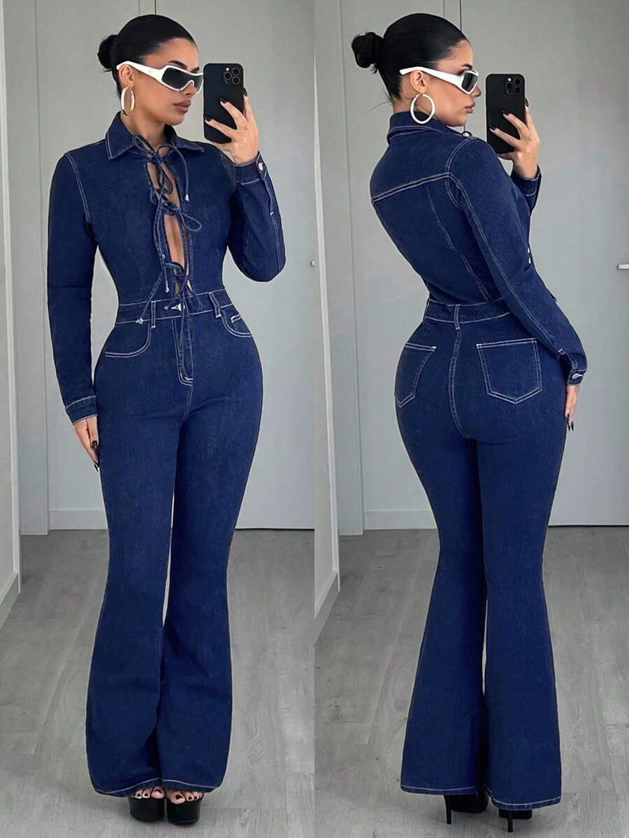 Jeanoix Bộ jumpsuit denim dài tay buộc dây tối giản màu trơn dành cho nữ, thích hợp mặc hàng ngày. - Rửa tối - Xem 1