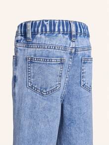 SHEIN Casuvi Kids 少女寬鬆牛仔褲 中洗藍色 返校季夏季街頭風 Y2K 不對稱彈性腰 水鑽裝飾 寬鬆直筒棉質丹寧 - 淺藍色 - 查看 8