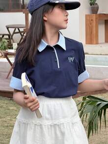 DAZY 少女休闲日常通勤上学风蝴蝶结刺绣撞色滚边短袖Polo衫，夏季 - 藏蓝色 - 查看 3