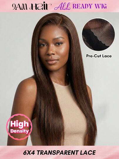 ALL READY WIG Chocolate Brown Bone Straight Human Hair Wig 180% Density 6x4 Lace Frontal Pre-Plucked Brazilian Virgin Hair Wig For Women Natural Hairline No Glue Needed 100% Human Hair