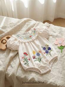 Cozy Pixies Baby Girl Floral Print Round Neck Ruffle Trim Bubble Sleeve Bodysuit Smocked Baby Girl Romper Wildflower Baby Clothes Puffed Sleeve Romper Baby Baby Bubble Romper Vintage Baby Girl Clothes - Apricot - View 10