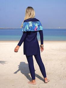 Swim Mulvari 三件套：热带树叶印花和纯色无袖背心、长袖荷叶边沙滩裙、蓝色打底裤、优雅修身女士泳装 - 藍色 - 查看 2